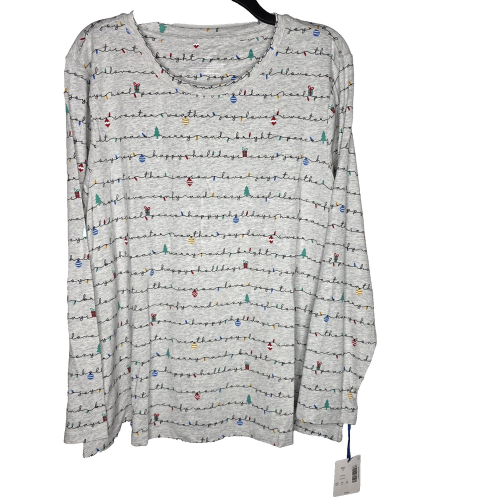 Sleep Sense Pajama Womens 1X Top Gray Lights Handwriting Pattern Long Sleeve